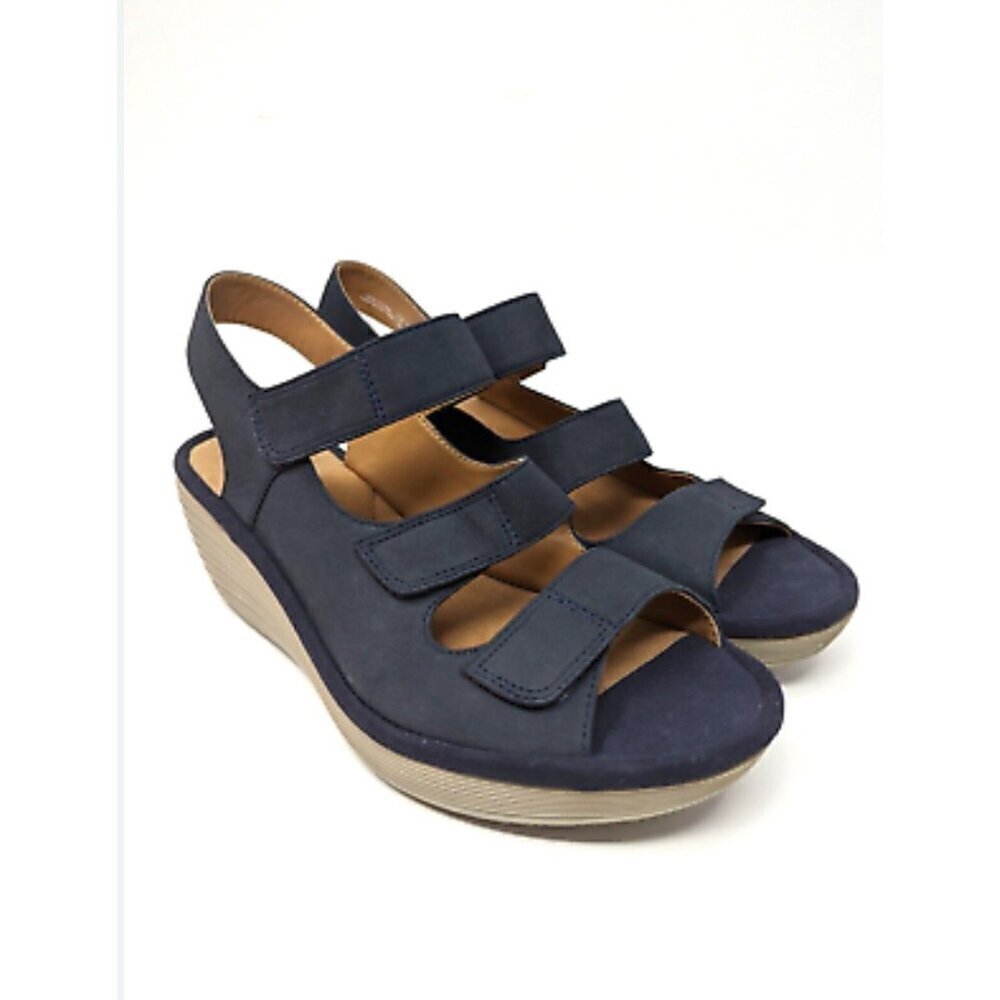 Clarks Reedly Juno Wedge Sandal Womans 7.5 M Blue Leather Nubuck Slingback